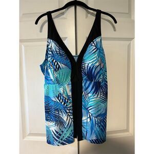 Ceeb Women's Plus Size 24W Blue Tropical Leaf Flyaway Tankini Top
